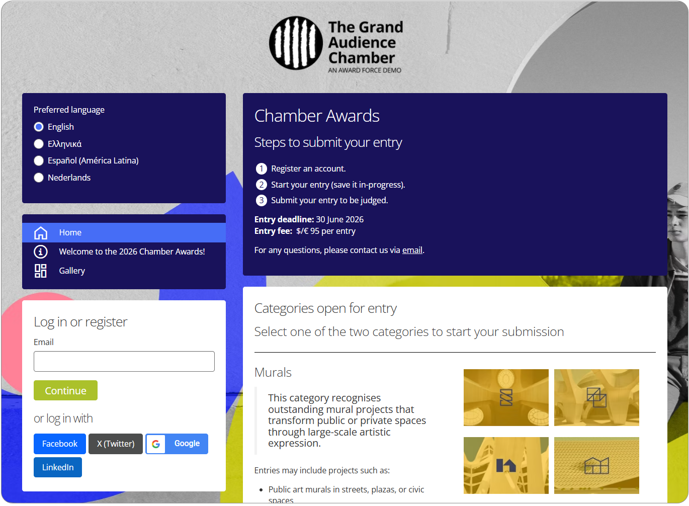 Entrant registration homepage