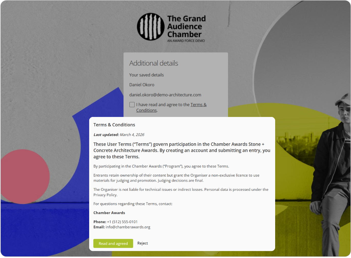 Award Force entrant registration showing the terms and conditions panel