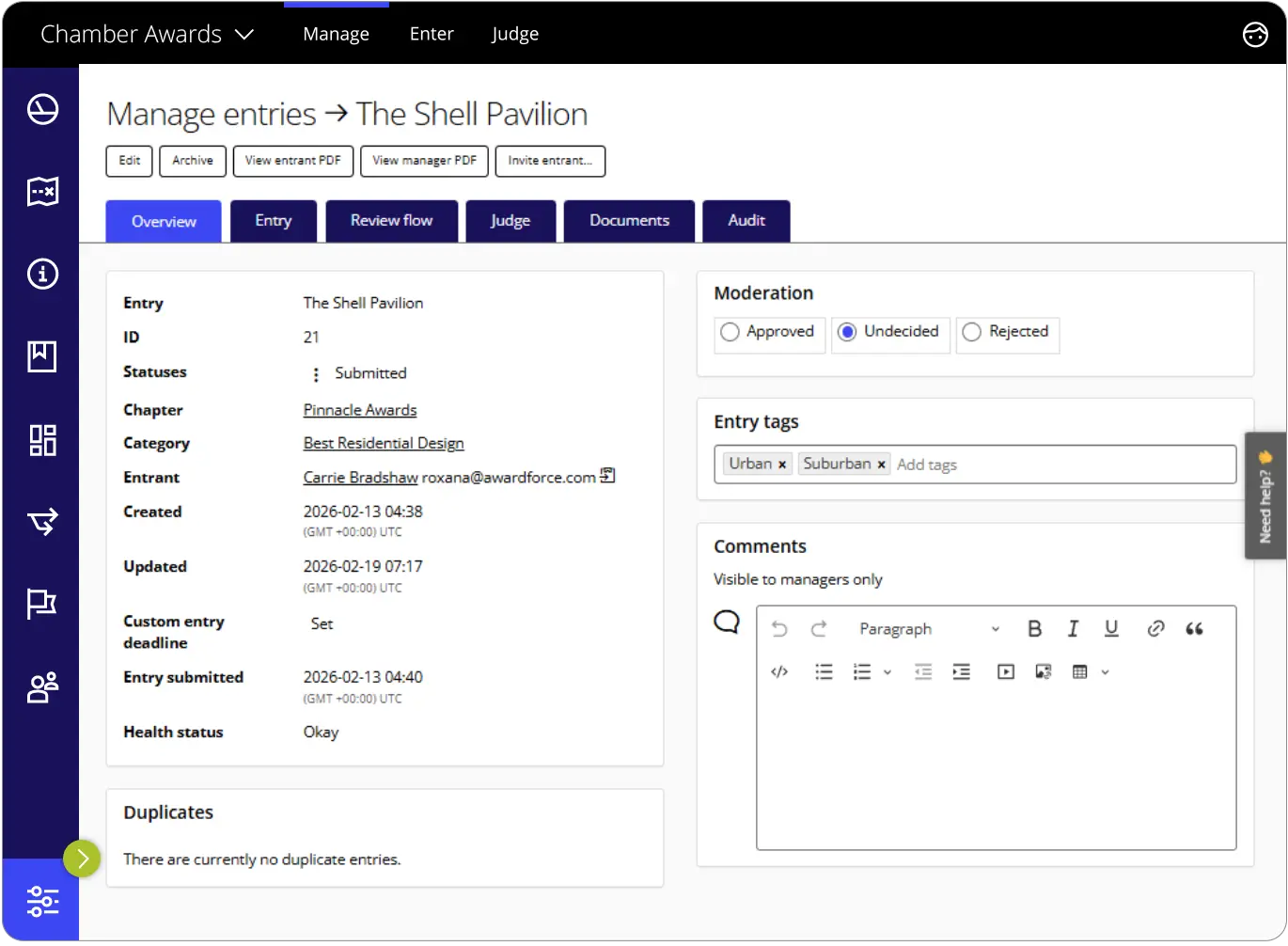 Award Force interface showing entry view of a manager