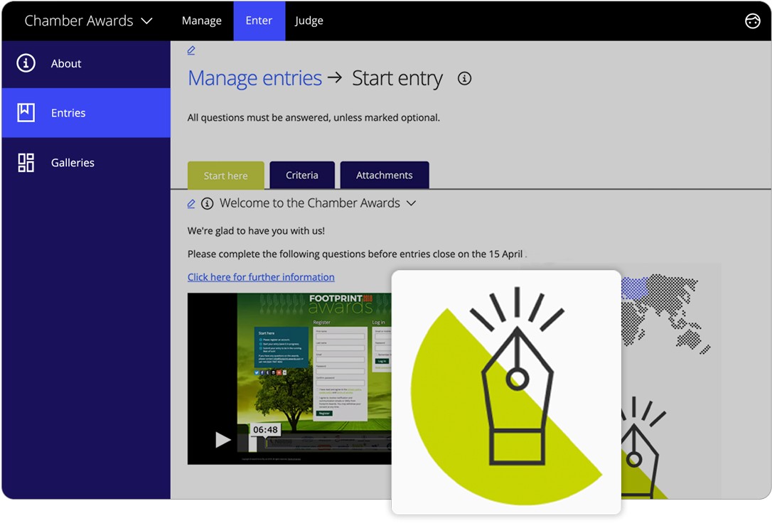 Award Force interface displaying entrant view of sponsor logos