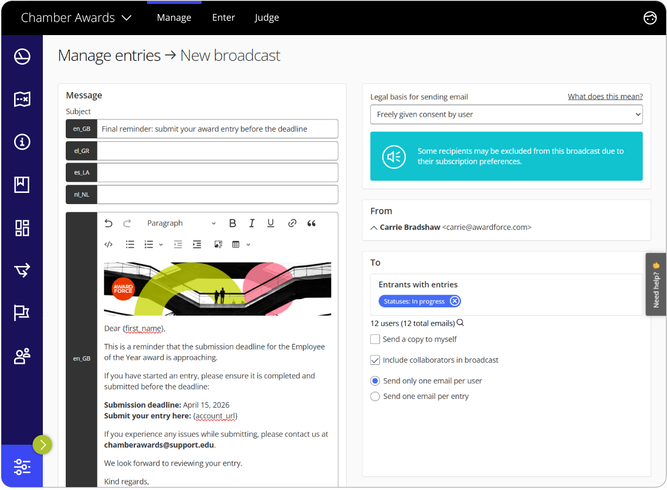 Award Force interface showing the broadcast settings