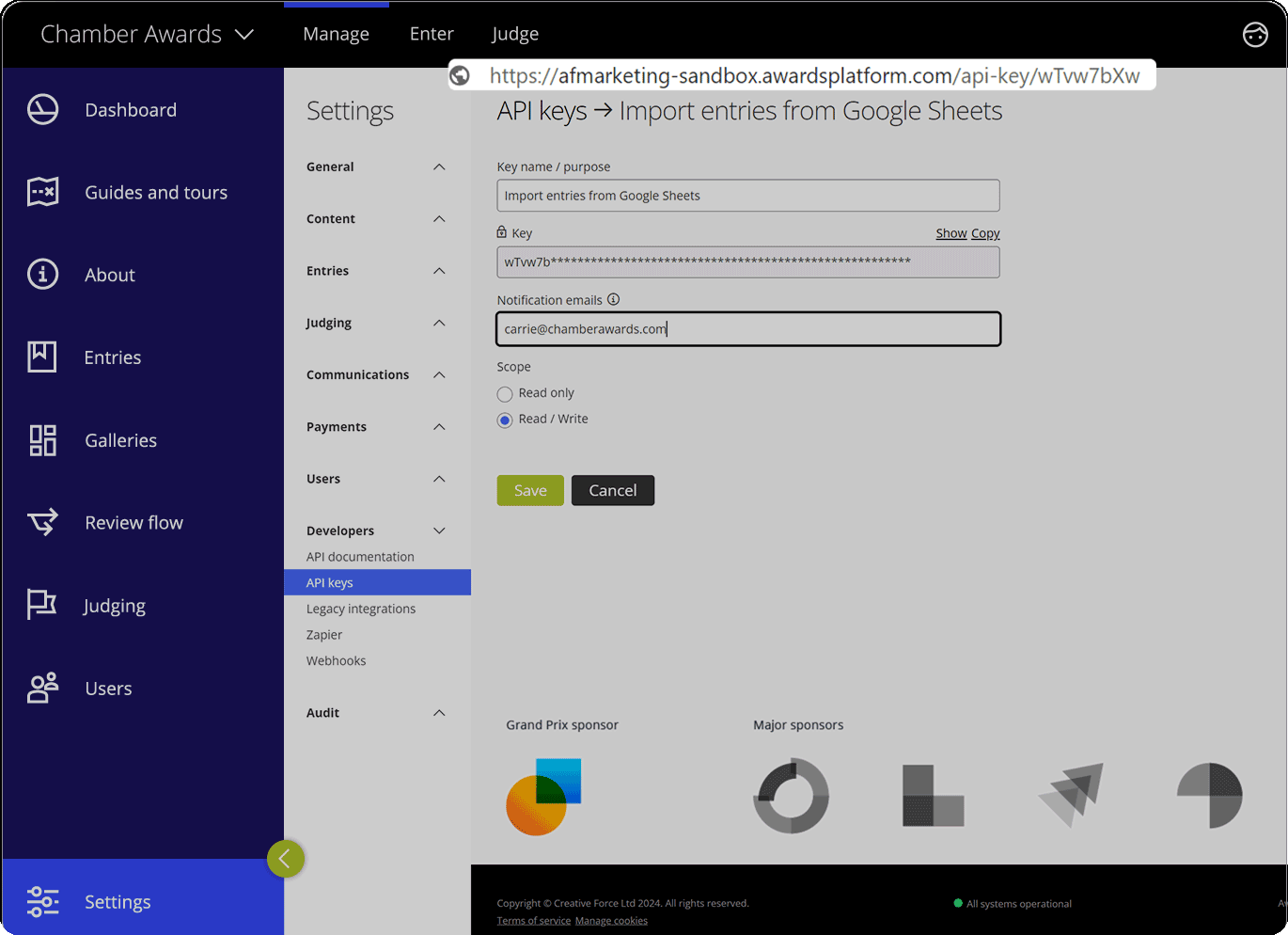 Award Force sandbox environment