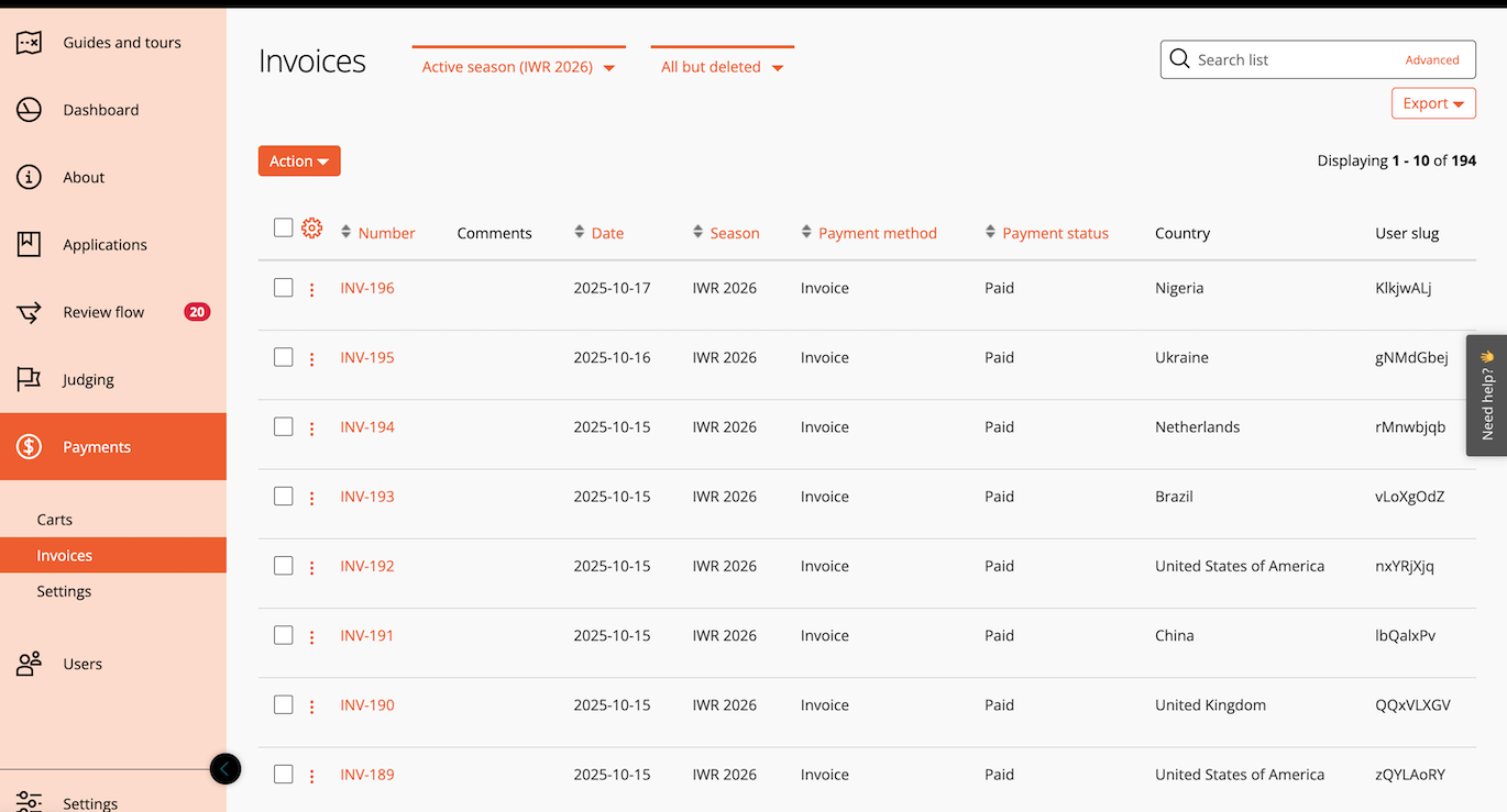 In Award Force, the program managers can export spreadsheet reports from any table in the system in a CSV file format. 