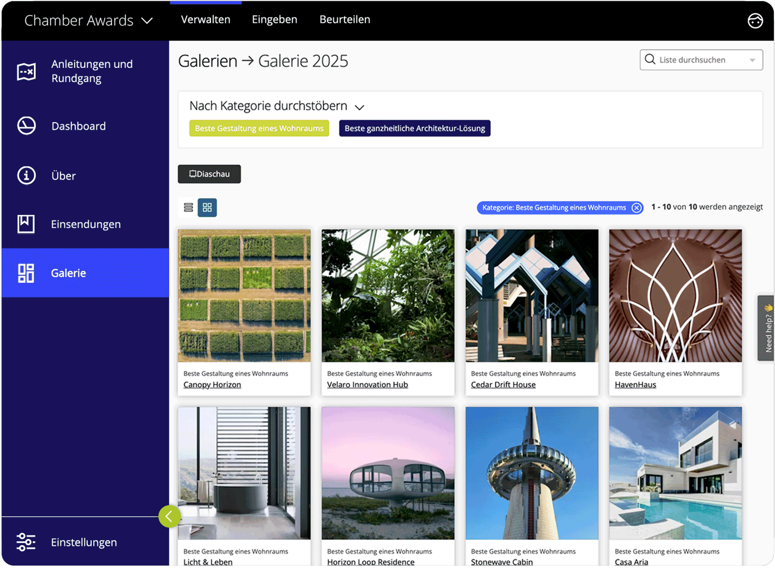Award Force Benutzeroberfläche, die die Manageransicht einer Galerie von Teilnehmerbildern zeigt.