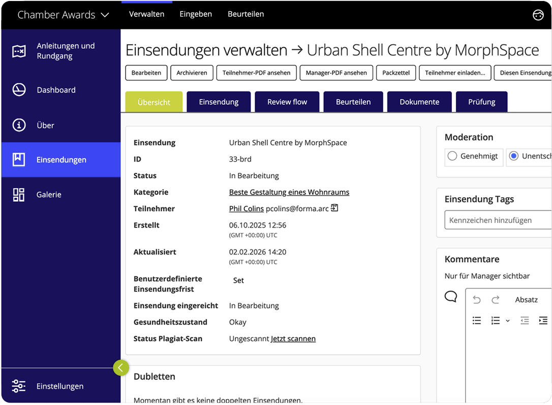 Der Programmmanager hat eine detaillierte Ansicht der Einreichung