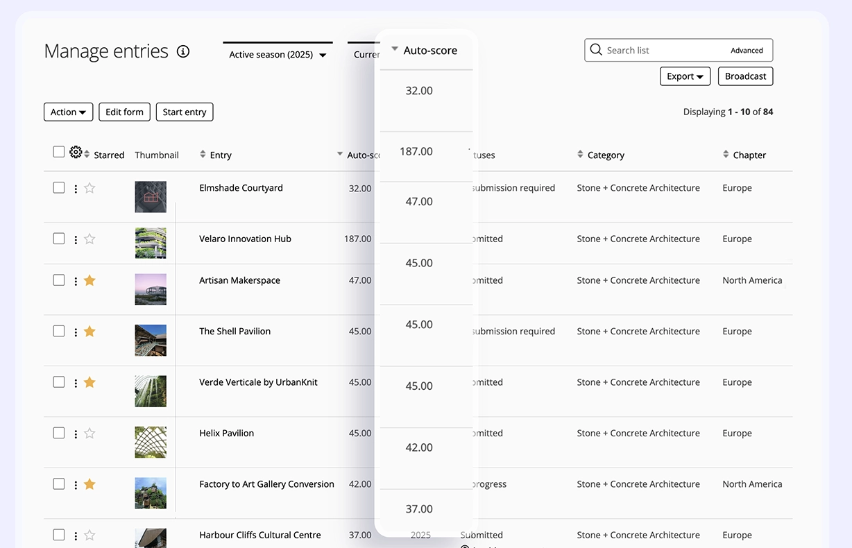 Award Force interface showing the list of entries and their associated automatic scores